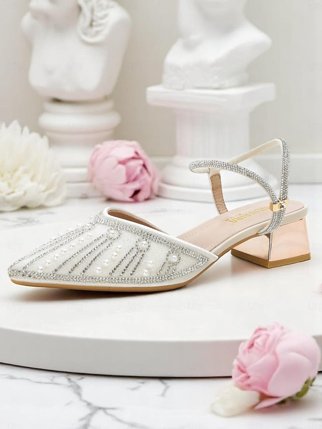 Women's Toe and Ivory Block Pearl Heels with Pointed