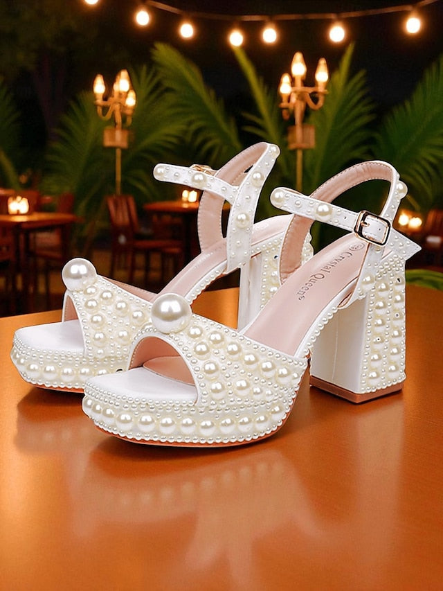 White Platform Embellished Block Pearl Heel Women's Sandals