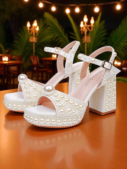 White Platform Embellished Block Pearl Heel Women's Sandals