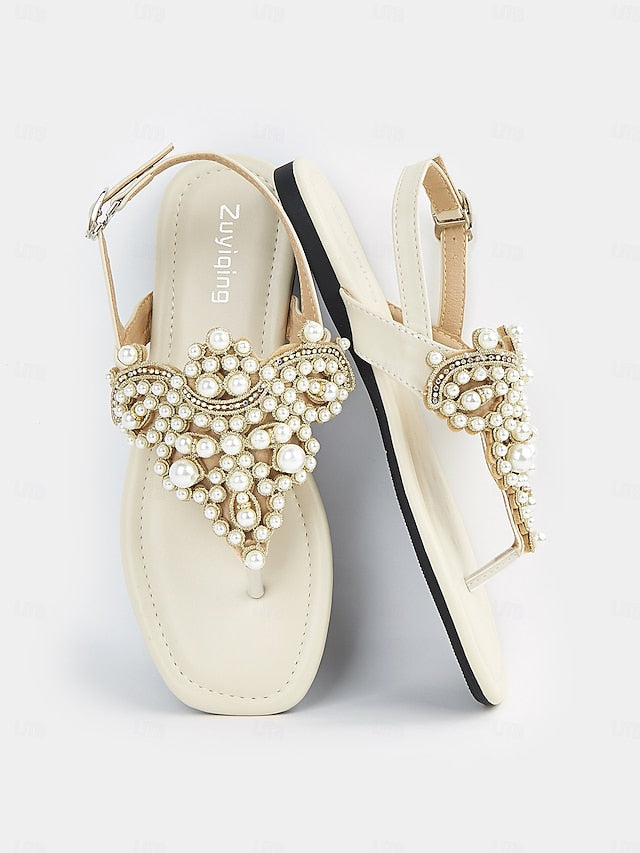 Elegant – Women's T-Strap Sandals Flat Pearl-Embellished