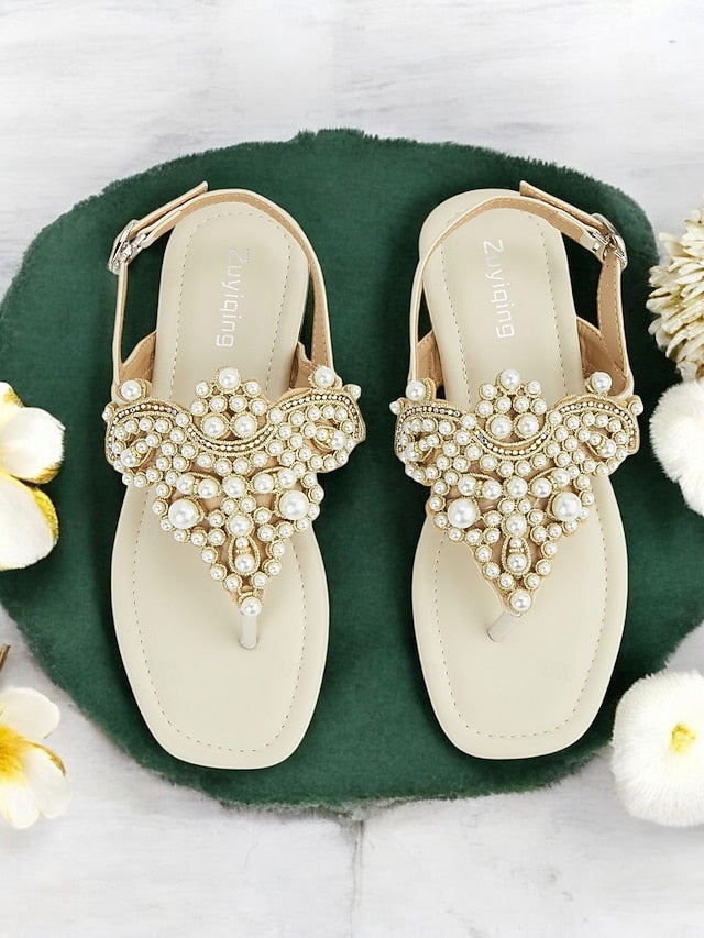Elegant – Women's T-Strap Sandals Flat Pearl-Embellished