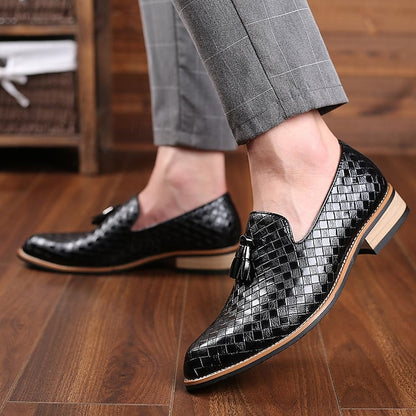 Faux Men's Loafers Woven with Detail Tassel Leather Black