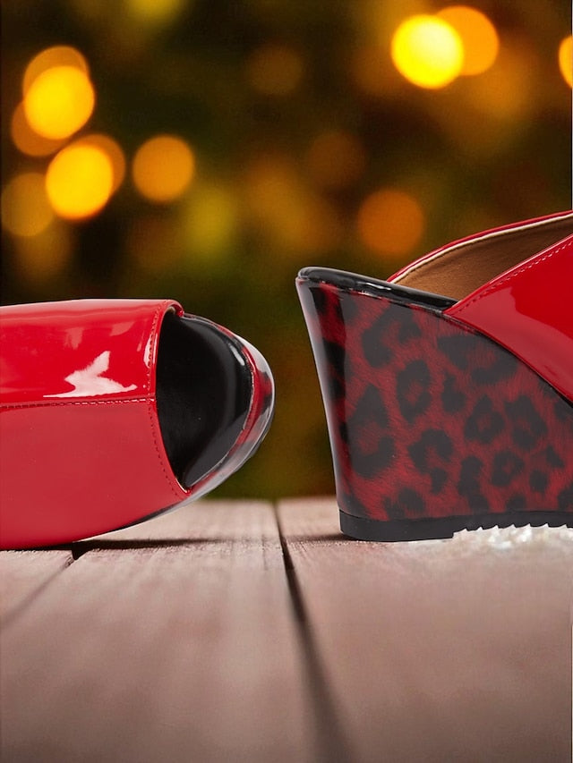 Red Wedge Patent Sandals Peep Leopard Toe Leather Women's -