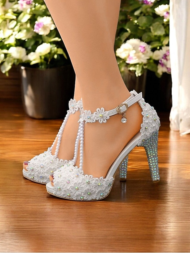 - Floral White Lace T-Strap Sandals Pearl-Decorated Bridal