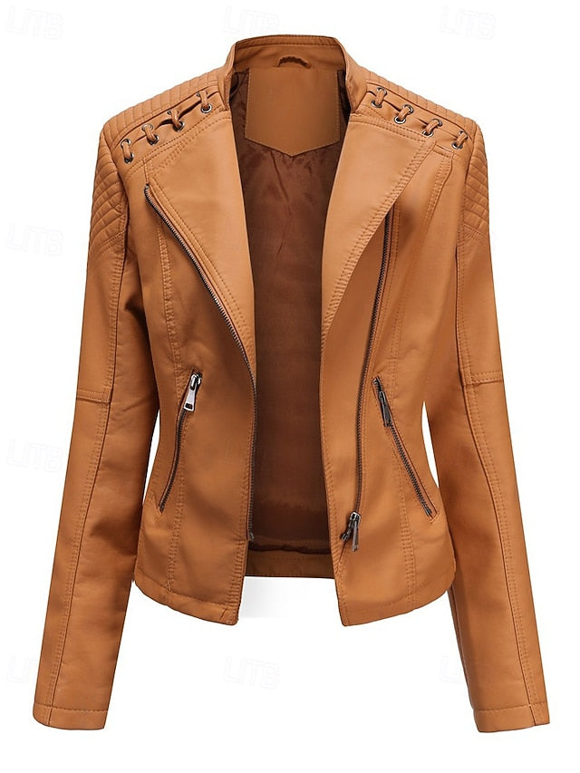 Jacket Zipper Leather Pocket Comfortable Faux Women's