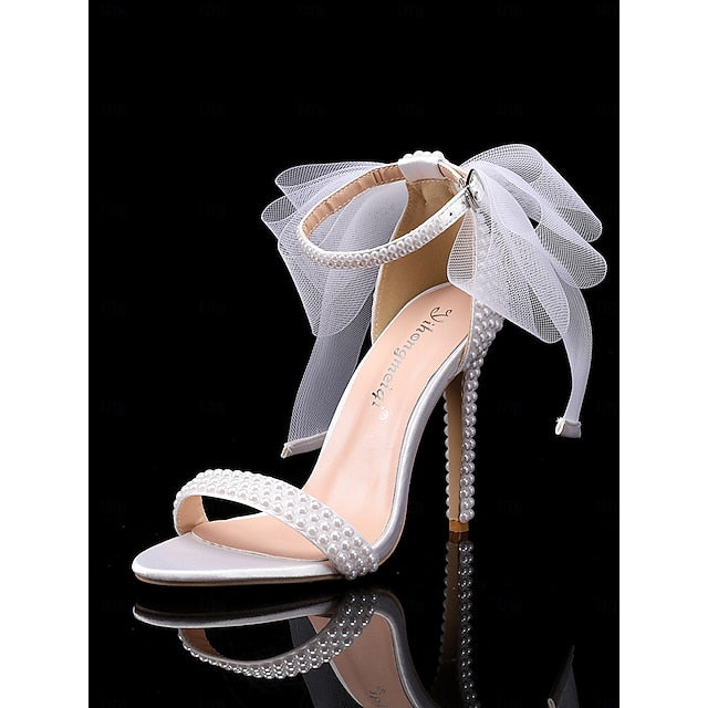Heels Pearl with White Bow and Women's Embellished Wedding