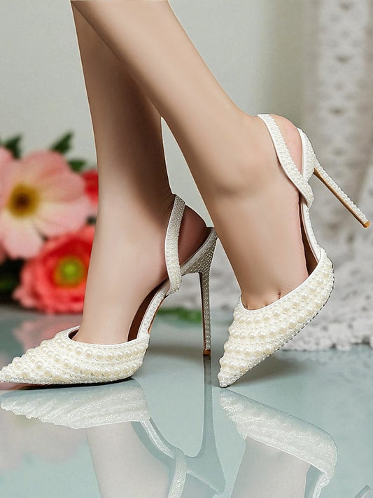 - Women's Pearl-Embellished Slingback Heels Leather White