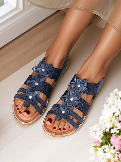 Elegant Women's Beige Floral Rhinestone – Flat Sandals