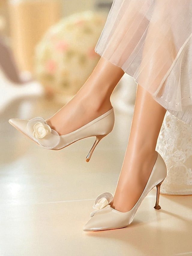 Satin Women's Floral Elegant - Ivory Heels Wedding Pointed