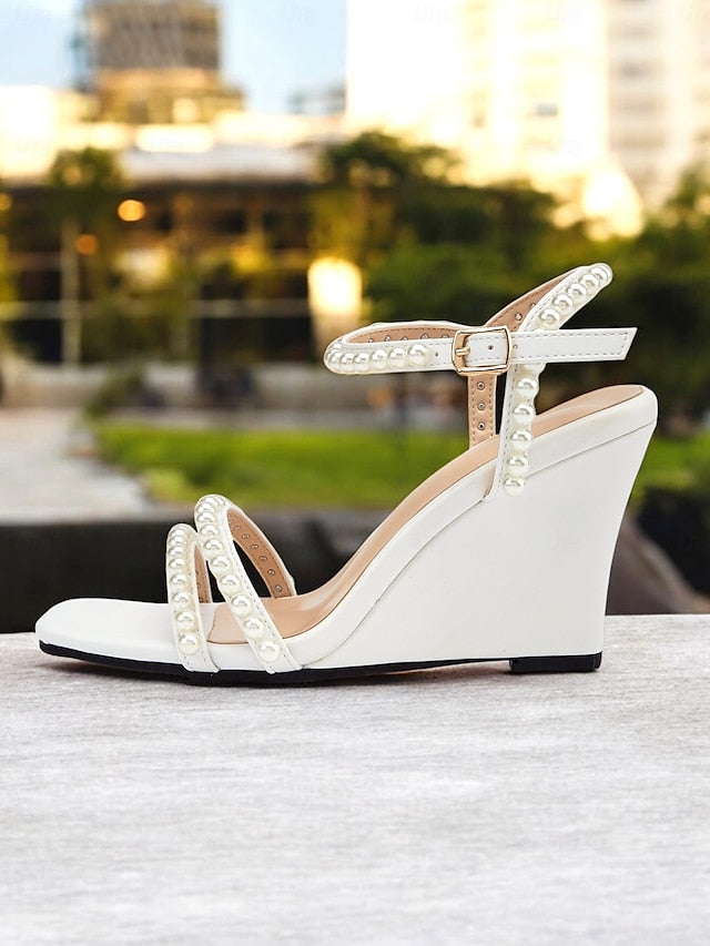 Women's Open-Toe Elegant Pearl-Embellished – Wedge Heels