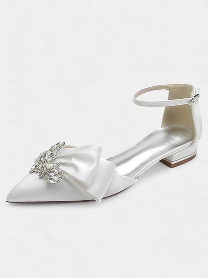 Ankle Bow Rhinestone Satin Pointed-Toe with Heels White and