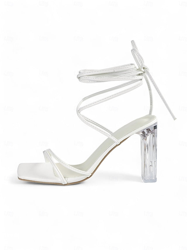 Women's Heel with Block White Clear Heels Lace-Up Strappy
