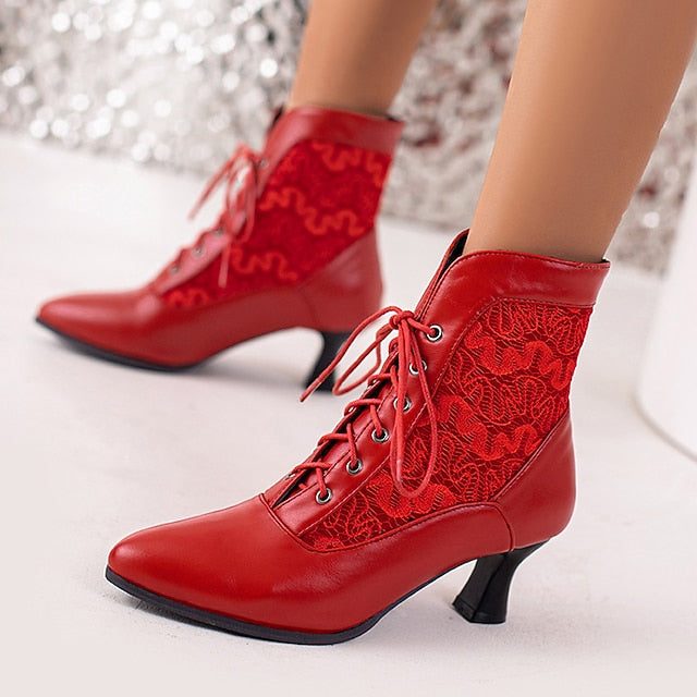 Panels Lace-Up Boots Ankle Women's White with Embroidered