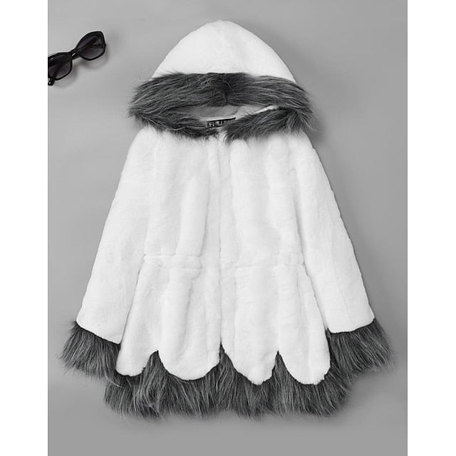 Coat Black Long Jacket Faux Sherpa Fur Women's White