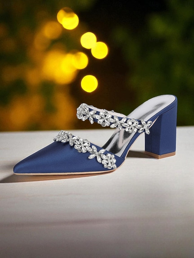 Heel Block Mules with Black Satin Floral Rhinestone Women's