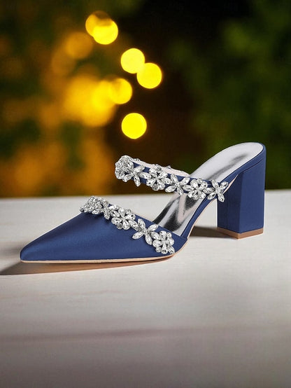 Heel Block Mules with Black Satin Floral Rhinestone Women's