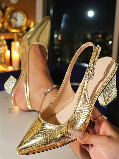 Block Toe Gold - Pointed Women's Slingback Pumps with Heel