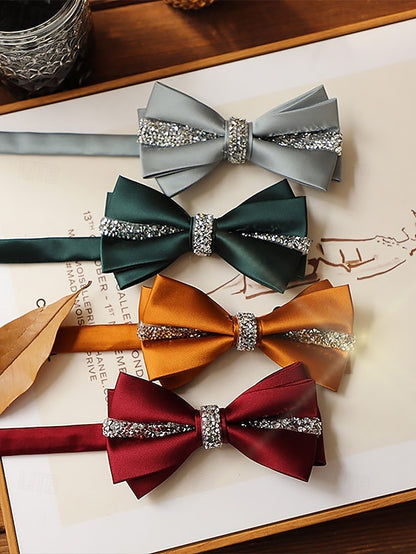 – Crystal Embellishment with Tie Elegant Satin Bow Burgundy