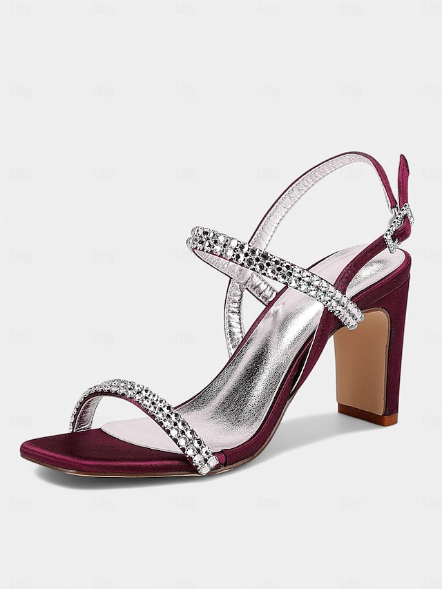 Heel Prom White Bridal – Rhinestone Sandals Women's Block