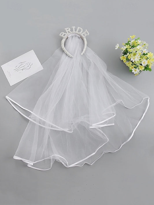 with Veil Pearl-Embellished Headband 'BRIDE' –