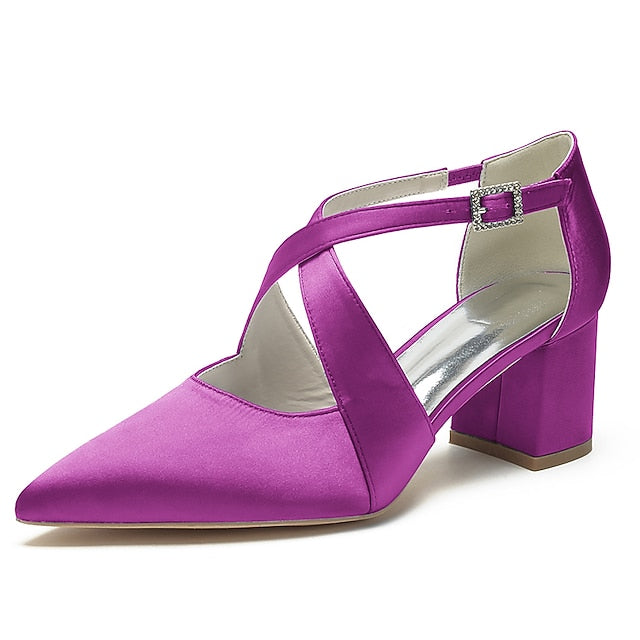 Heels Block Women's Toe White Pointed – Satin Elegant