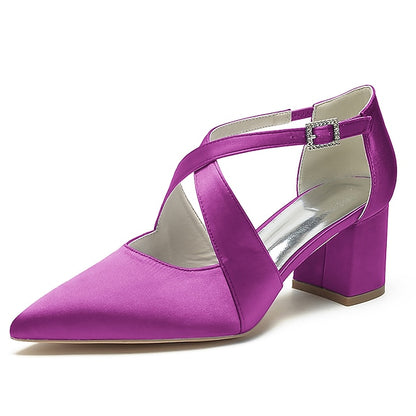 Heels Block Women's Toe White Pointed – Satin Elegant