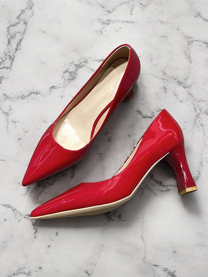 Heel Green Leather Faux Glossy Patent Pumps Pointed-Toe Block