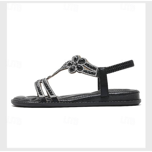 Rhinestone – Flat Boho Silver Sandals Women's T-Strap