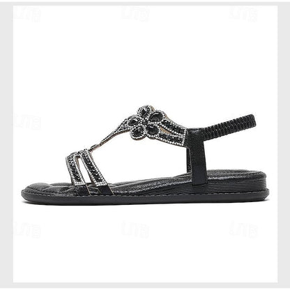 Rhinestone – Flat Boho Silver Sandals Women's T-Strap
