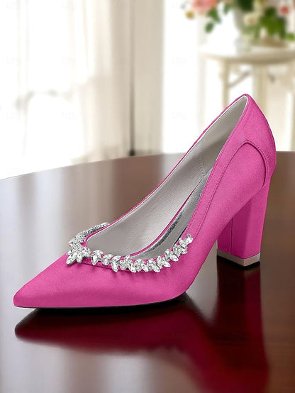 Women's Block Satin Wedding Heel Pumps Pink