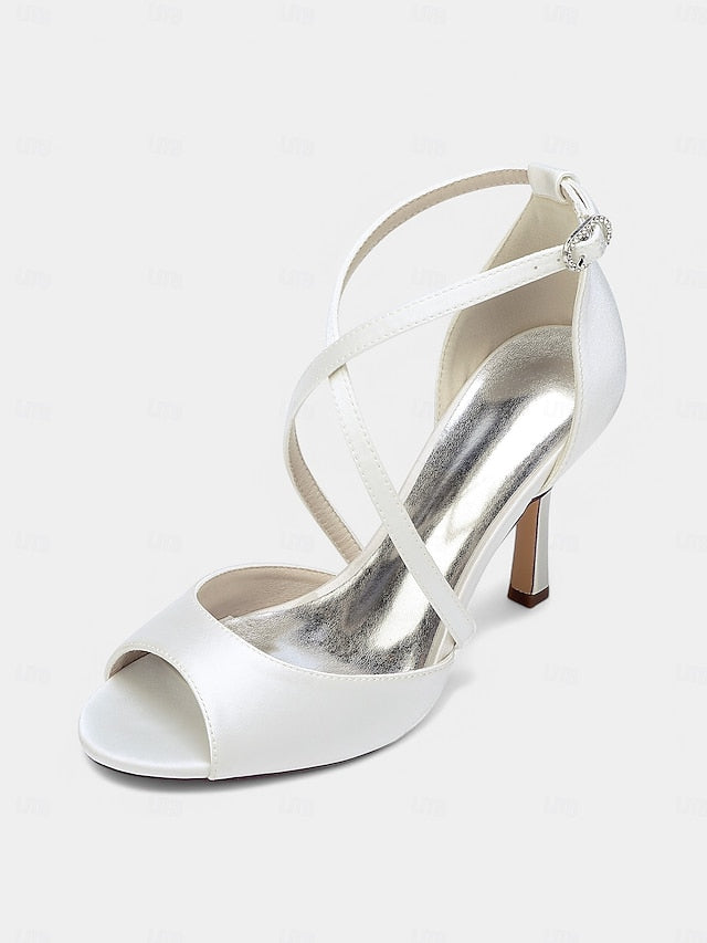 White Heels Peep-Toe Women's Elegant Satin – Cross-Strap
