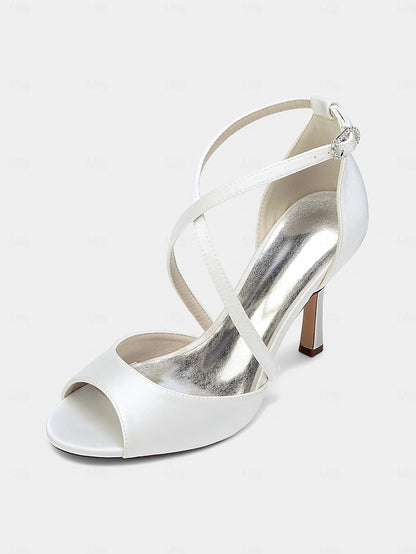 White Heels Peep-Toe Women's Elegant Satin – Cross-Strap