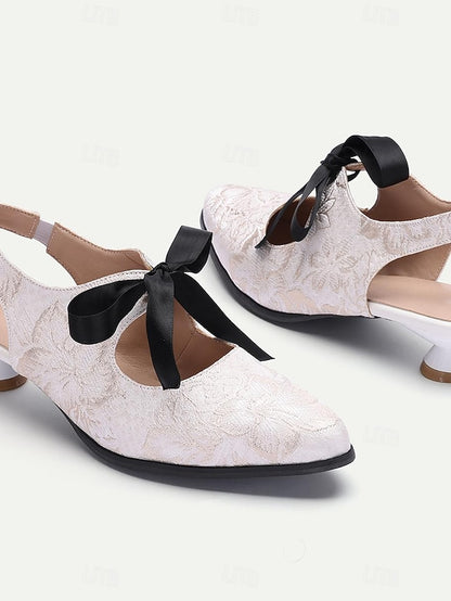 Slingback - Elegant Women's Vintage with Lace Heels Bow