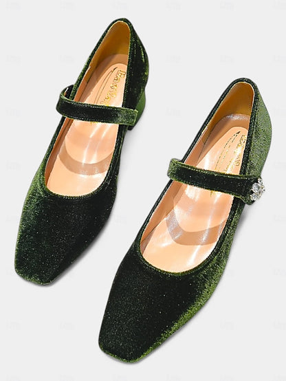 Mary Jane Toe Pumps Green Square - Block Velvet Women's