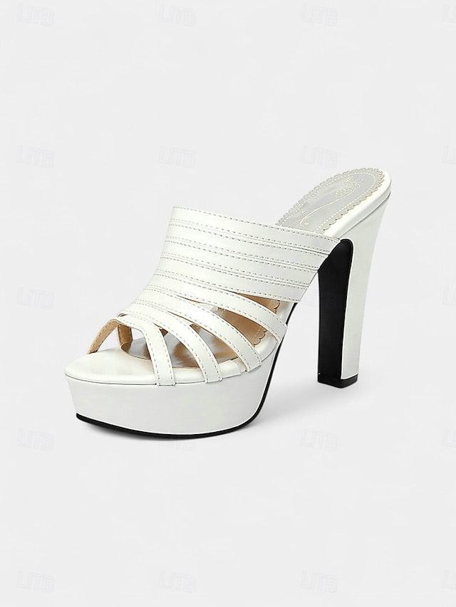 Platform Women's Strappy White Mule Heels - Open-Toe