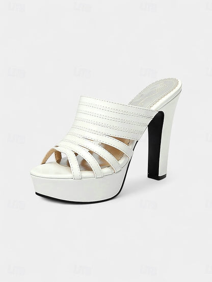 Platform Women's Strappy White Mule Heels - Open-Toe