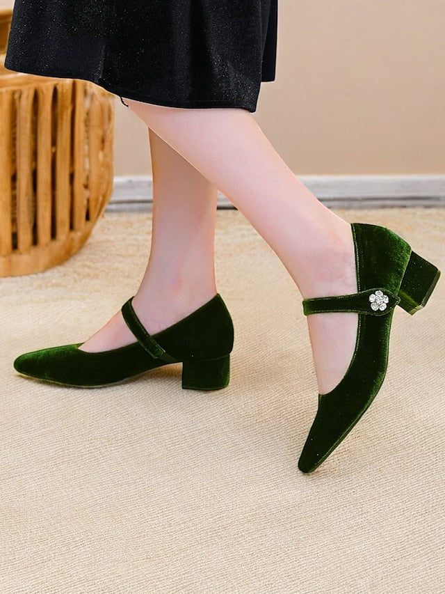 Mary Jane Toe Pumps Green Square - Block Velvet Women's