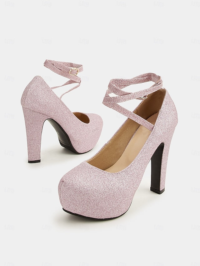 – Women's Heels Platform with Strap Pink Glitter Ankle