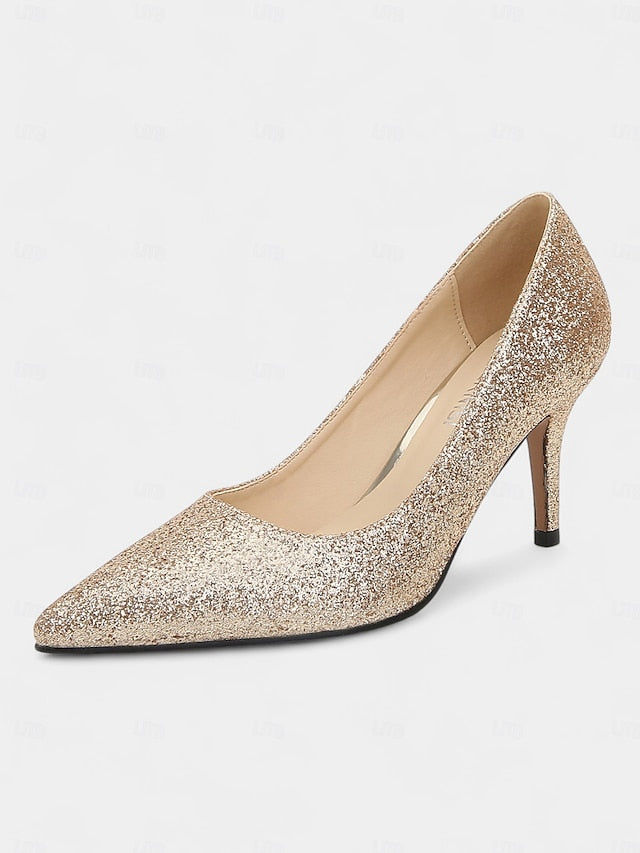 Stiletto Pointed-Toe Sparkly Gold Glitter - Women's Pumps