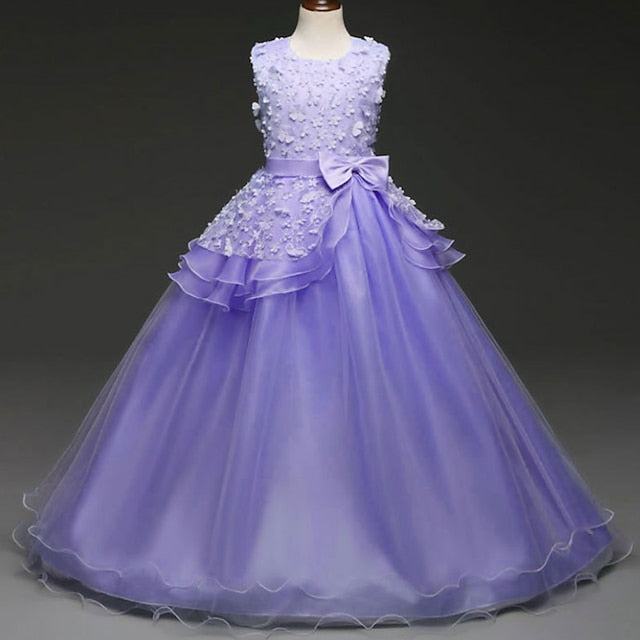 Girl Girls' Colored Kids Flower Solid Dress