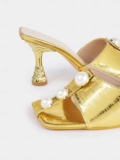 for Women Mules – Elegant with Detailing Pearl Gold Open-Toe