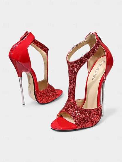 with Stiletto for Gold T-Strap Glitter Heels and Design Toe Open
