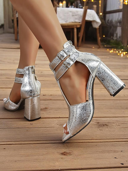 Women's - Silver Double Shiny Block Sandals Party Heel