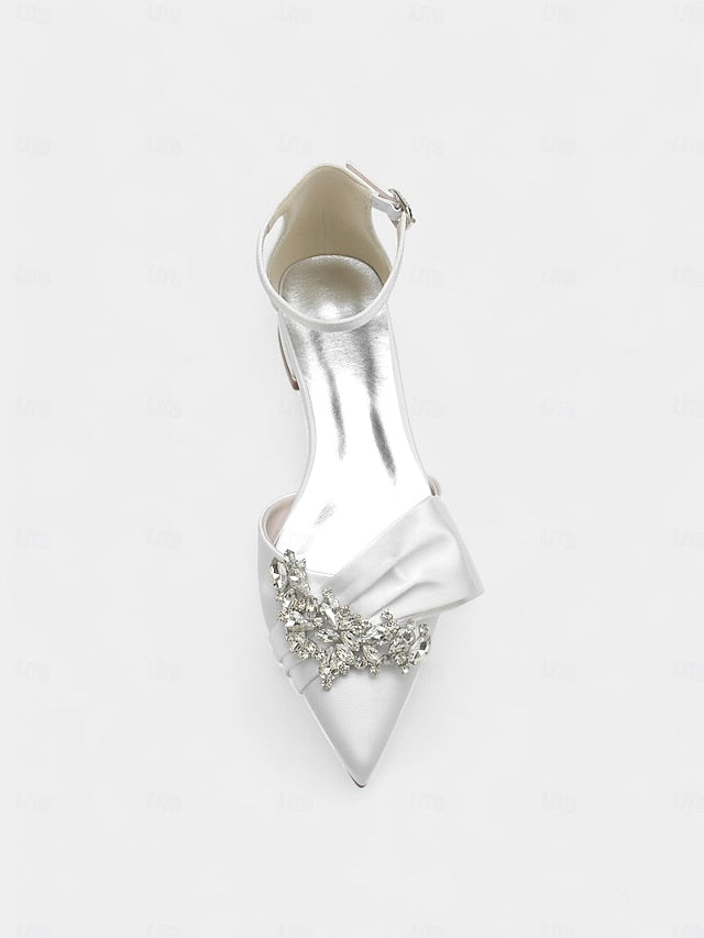 Ankle Bow Rhinestone Satin Pointed-Toe with Heels White and