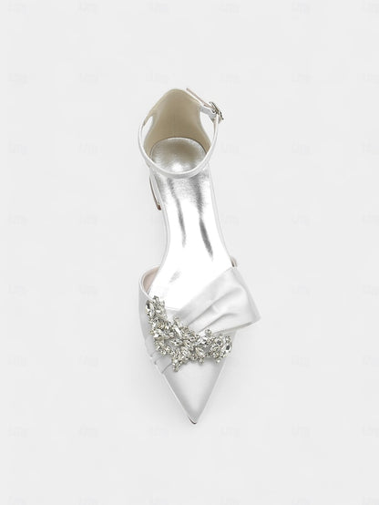 Ankle Bow Rhinestone Satin Pointed-Toe with Heels White and