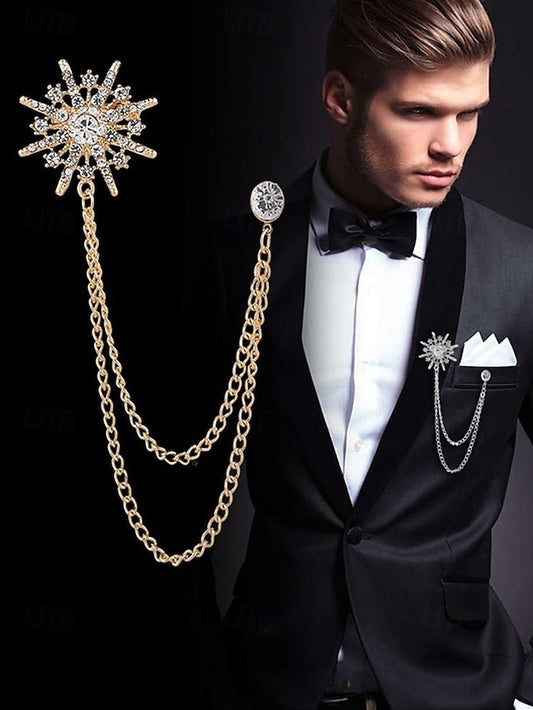 Crystal Gold with Star Elegant Stylish Chains Lapel Pin –