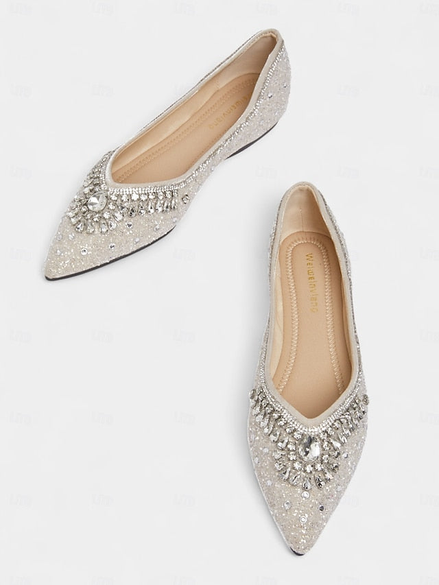 Women's Pointed Toe Silver Crystal Glitter with Flats