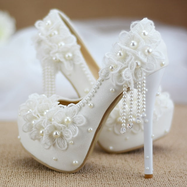 Heels Platform with Women's Floral Wedding White Lace