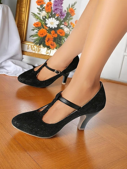 Lace Heel Pumps-1920s T-Strap Mid Ivory Vintage Women's