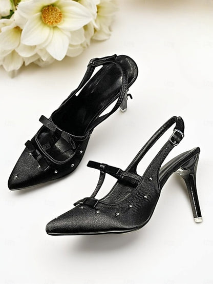 Bows Studs Satin and Heels T-Strap with – Women's Purple